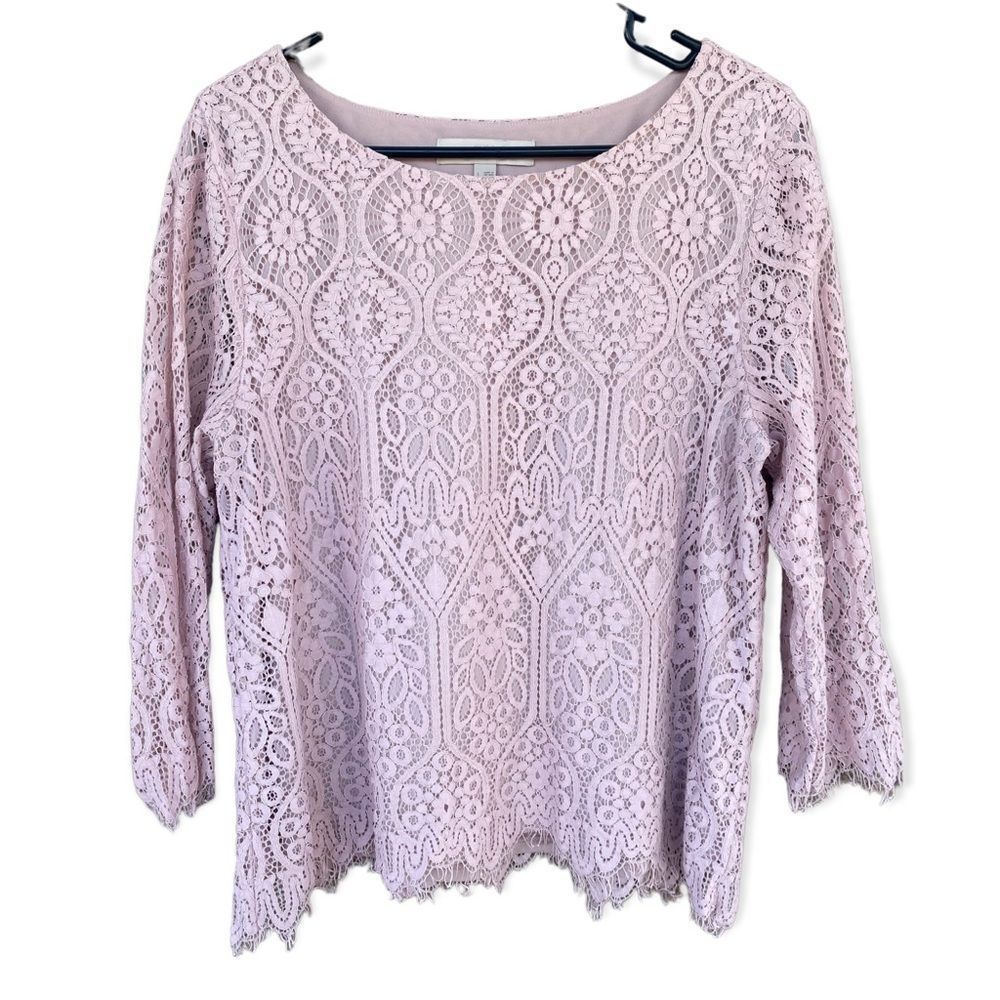 LOFT Long Sleeve Light Pink Lace Overlay Scoop Neck Fringe Pullover Top Sz L